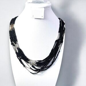 Vintage Multi-Strand Glass Bead Necklace Black Silver 36-38In Adj Boho Elegant